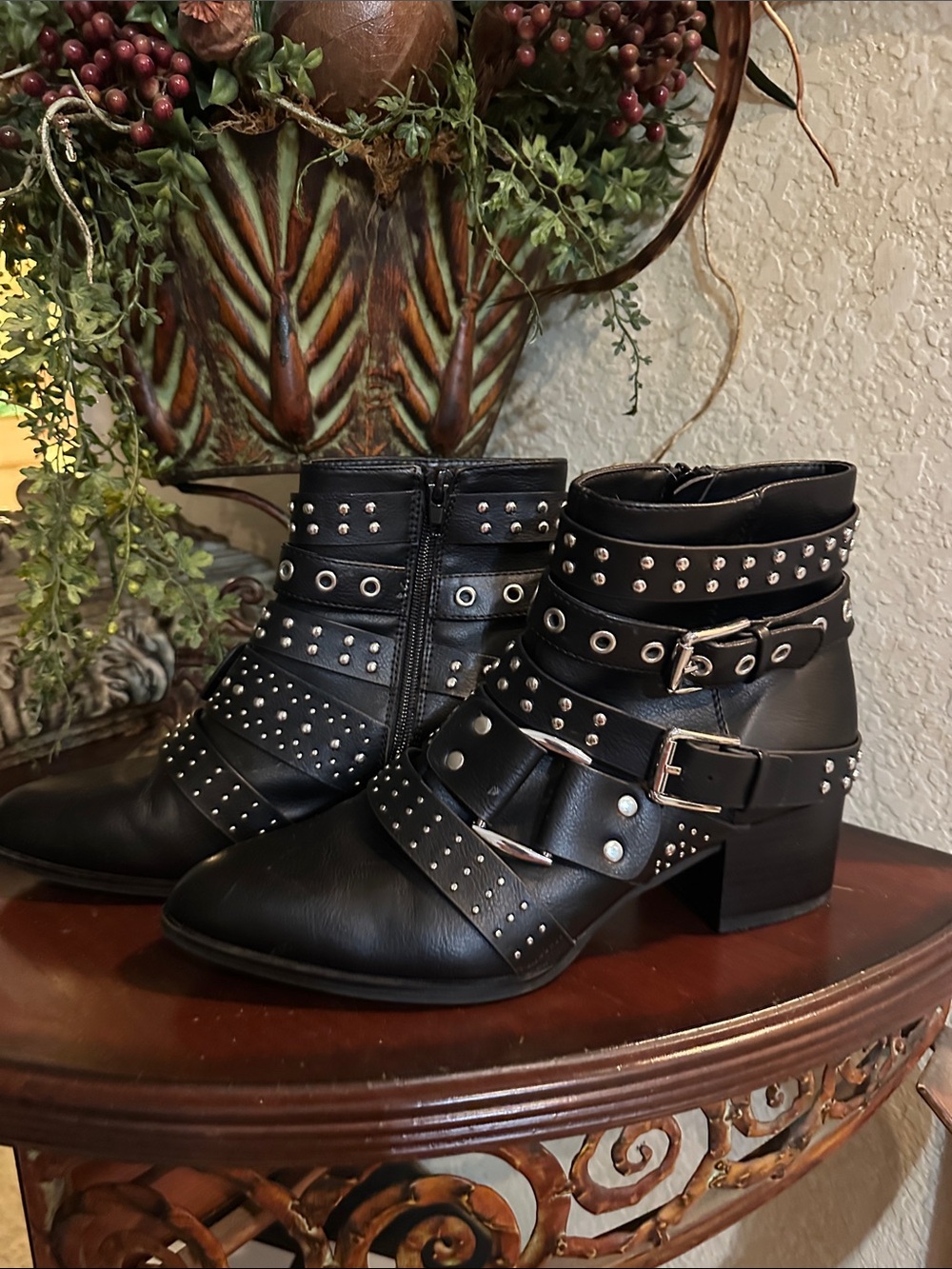Fergalicious Studded Black Leather Ankle Boots with Buckle Straps - Picture 1 of 10
